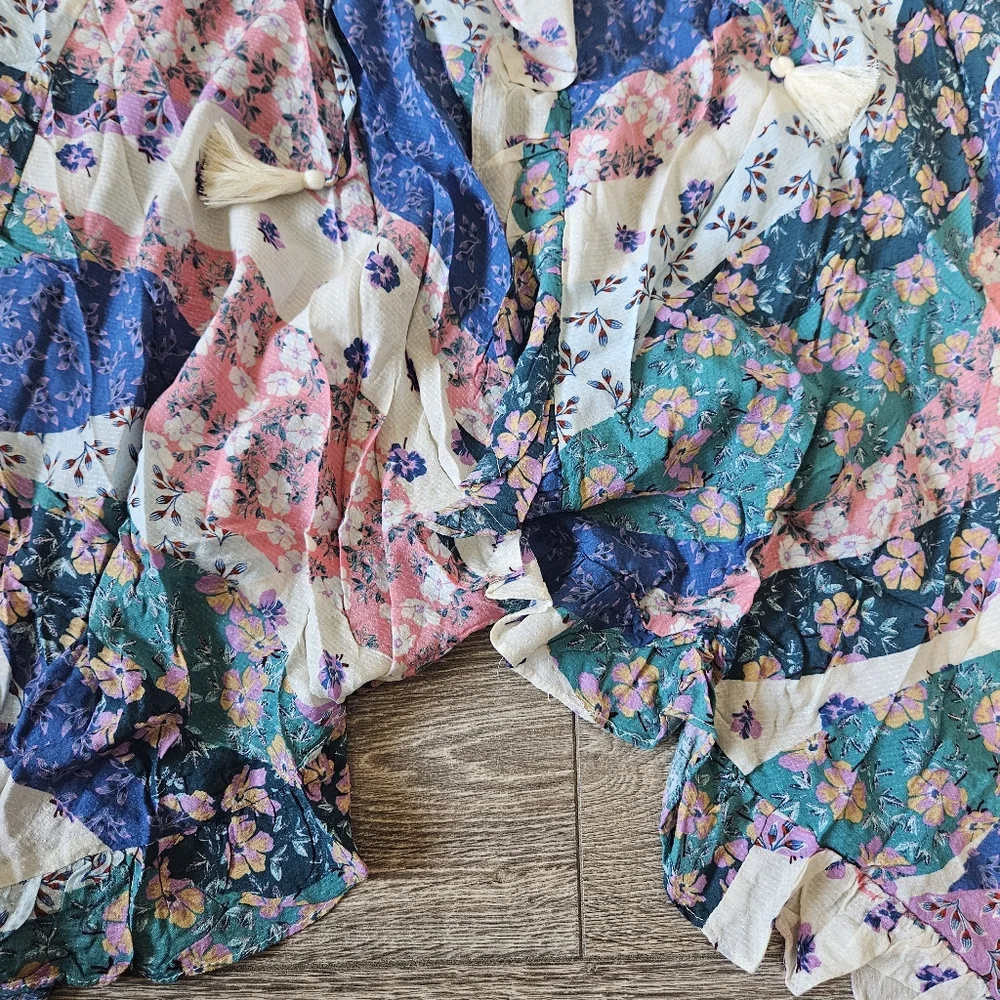 Olivaceous Multicolored Floral Patchwork Asymmetric Boho Midi Skirt